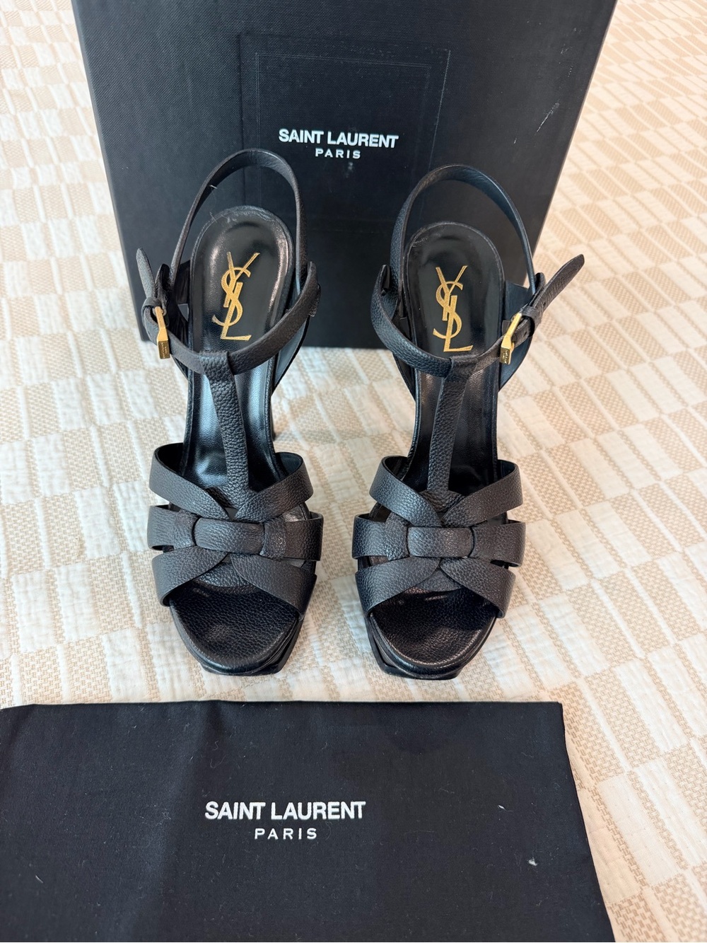 Saint Laurent Black Leather Woven T-Strap Heels with Gold Hardware - Picture 2 of 5
